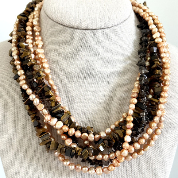 Vintage 925 Sterling Silver Real Pearl Tiger's Eye Chunky Multi Strand Necklace - Picture 3 of 16